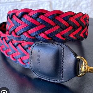 Clare V crossbody strap in navy/red. Black leather and gold clasps. NWOT